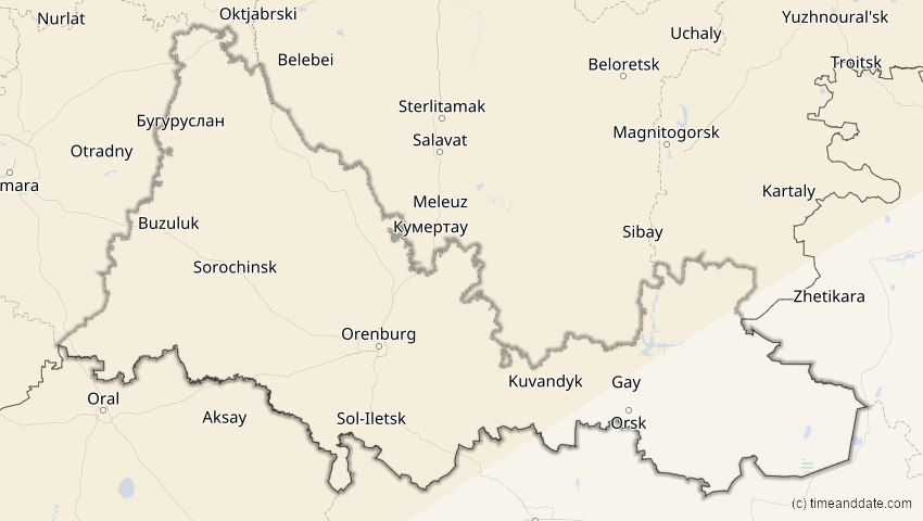 A map of Orenburg, Russland, showing the path of the 18. Feb 2091 Partielle Sonnenfinsternis