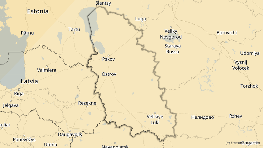 A map of Pskow, Russland, showing the path of the 18. Feb 2091 Partielle Sonnenfinsternis