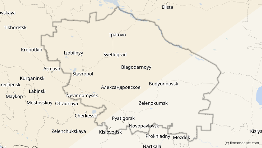 A map of Stawropol, Russland, showing the path of the 18. Feb 2091 Partielle Sonnenfinsternis