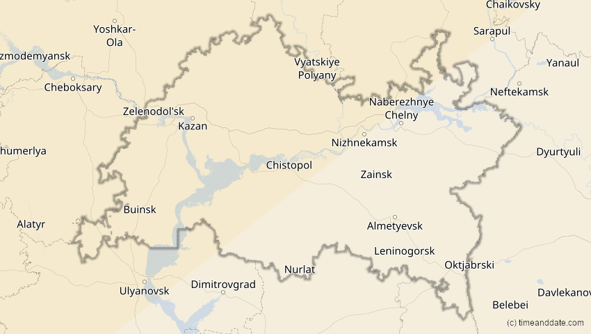 A map of Tatarstan, Russland, showing the path of the 18. Feb 2091 Partielle Sonnenfinsternis