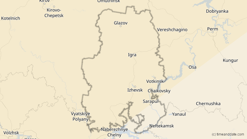 A map of Udmurtien, Russland, showing the path of the 18. Feb 2091 Partielle Sonnenfinsternis