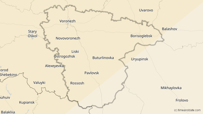 A map of Woronesch, Russland, showing the path of the 18. Feb 2091 Partielle Sonnenfinsternis