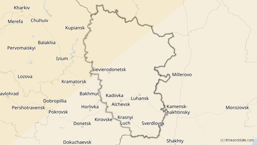 A map of Luhansk, Ukraine, showing the path of the 18. Feb 2091 Partielle Sonnenfinsternis