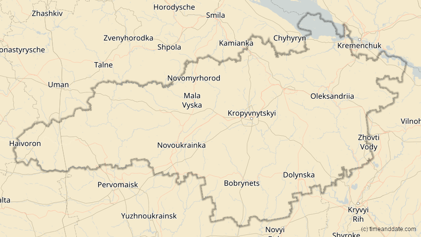 A map of Kirowohrad, Ukraine, showing the path of the 18. Feb 2091 Partielle Sonnenfinsternis