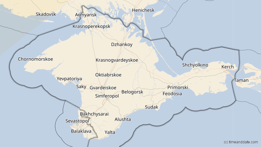 A map of Auton. Republik Krim, Ukraine, showing the path of the 18. Feb 2091 Partielle Sonnenfinsternis