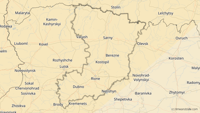 A map of Riwne, Ukraine, showing the path of the 18. Feb 2091 Partielle Sonnenfinsternis