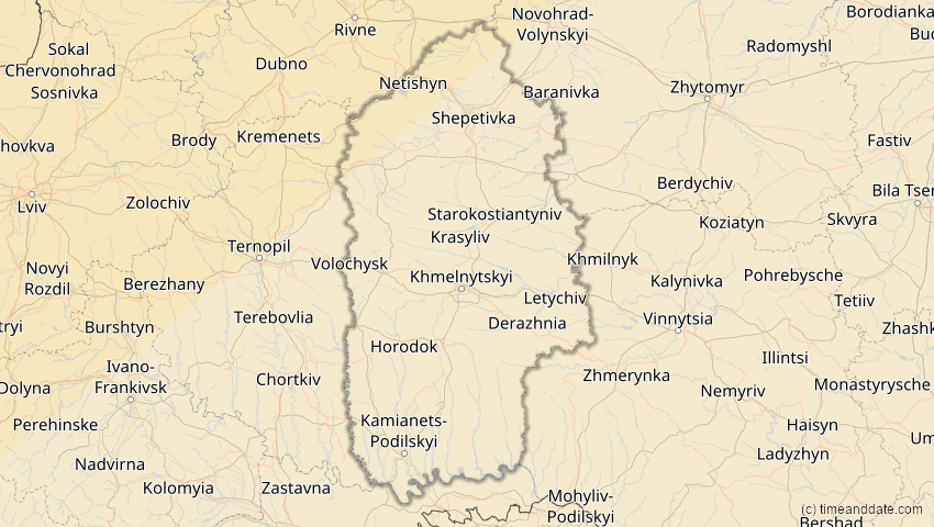 A map of Chmelnyzkyj, Ukraine, showing the path of the 18. Feb 2091 Partielle Sonnenfinsternis