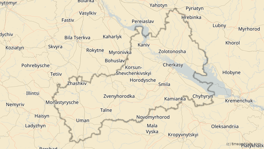 A map of Tscherkassy, Ukraine, showing the path of the 18. Feb 2091 Partielle Sonnenfinsternis