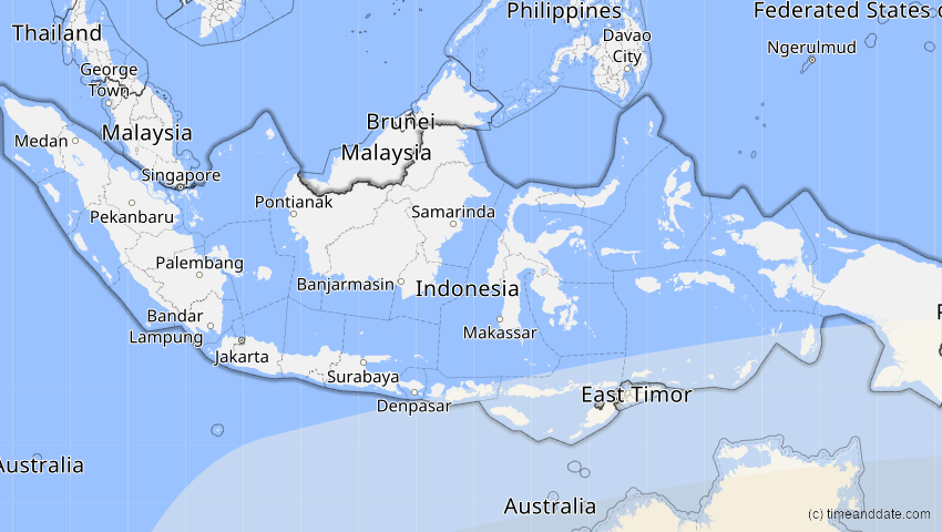 A map of Indonesien, showing the path of the 15. Aug 2091 Totale Sonnenfinsternis