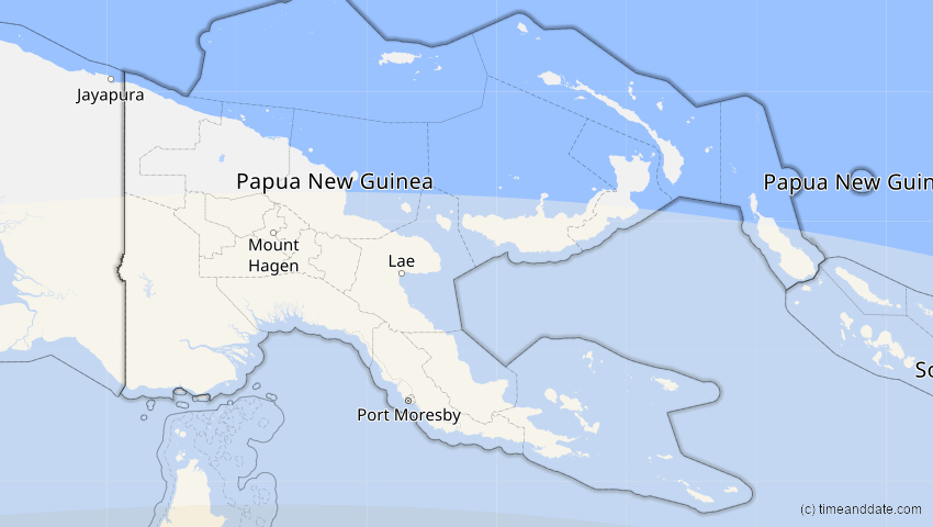 A map of Papua-Neuguinea, showing the path of the 15. Aug 2091 Totale Sonnenfinsternis