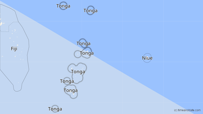 A map of Tonga, showing the path of the 15. Aug 2091 Totale Sonnenfinsternis