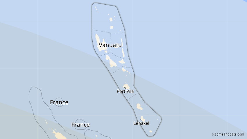 A map of Vanuatu, showing the path of the 15. Aug 2091 Totale Sonnenfinsternis