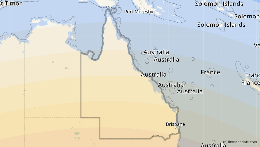 A map of Queensland, Australien, showing the path of the 15. Aug 2091 Totale Sonnenfinsternis