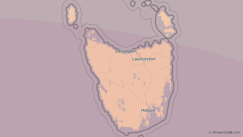 A map of Tasmanien, Australien, showing the path of the 15. Aug 2091 Totale Sonnenfinsternis