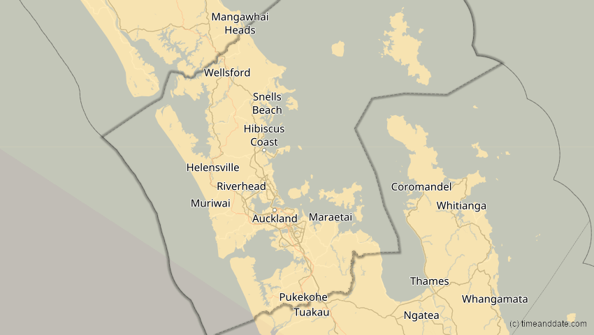 A map of Auckland, Neuseeland, showing the path of the 15. Aug 2091 Totale Sonnenfinsternis