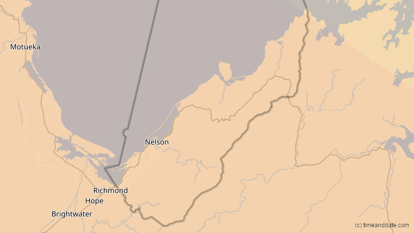A map of Nelson, Neuseeland, showing the path of the 15. Aug 2091 Totale Sonnenfinsternis