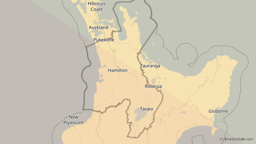 A map of Waikato, Neuseeland, showing the path of the 15. Aug 2091 Totale Sonnenfinsternis