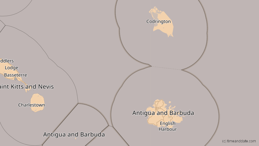 A map of Antigua und Barbuda, showing the path of the 7. Feb 2092 Ringförmige Sonnenfinsternis