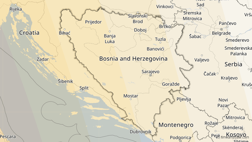 A map of Bosnien und Herzegowina, showing the path of the 7. Feb 2092 Ringförmige Sonnenfinsternis
