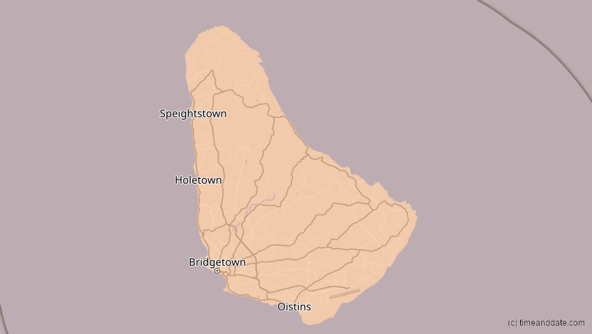 A map of Barbados, showing the path of the 7. Feb 2092 Ringförmige Sonnenfinsternis