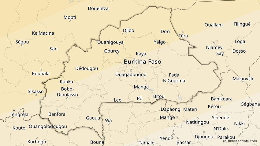A map of Burkina Faso, showing the path of the 7. Feb 2092 Ringförmige Sonnenfinsternis