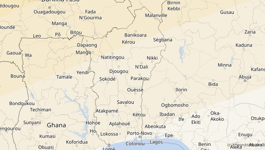 A map of Benin, showing the path of the 7. Feb 2092 Ringförmige Sonnenfinsternis