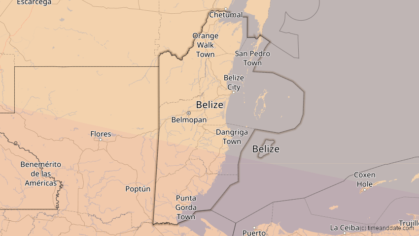 A map of Belize, showing the path of the 7. Feb 2092 Ringförmige Sonnenfinsternis