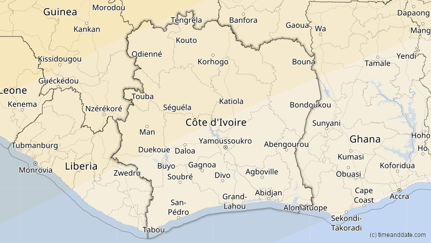 A map of Elfenbeinküste (Côte d'Ivoire), showing the path of the 7. Feb 2092 Ringförmige Sonnenfinsternis