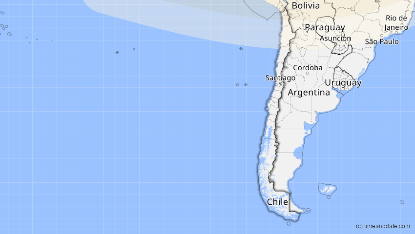 A map of Chile, showing the path of the 7. Feb 2092 Ringförmige Sonnenfinsternis