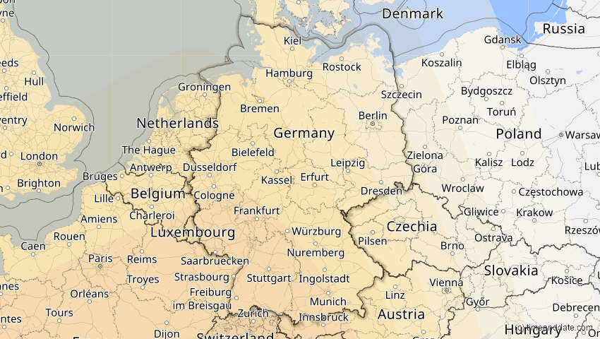 A map of Deutschland, showing the path of the 7. Feb 2092 Ringförmige Sonnenfinsternis