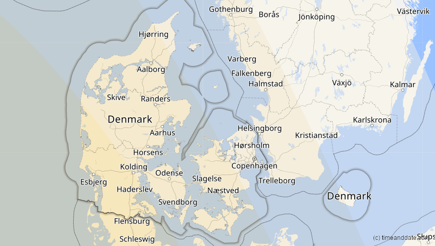 A map of Dänemark, showing the path of the 7. Feb 2092 Ringförmige Sonnenfinsternis