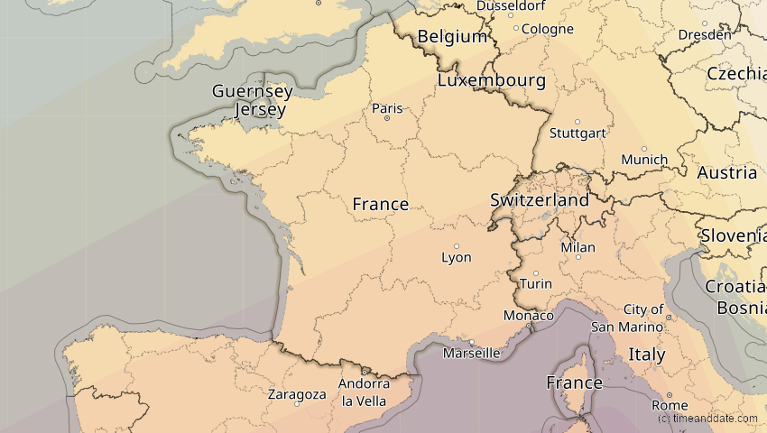 A map of Frankreich, showing the path of the 7. Feb 2092 Ringförmige Sonnenfinsternis