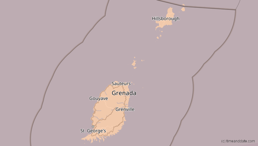 A map of Grenada, showing the path of the 7. Feb 2092 Ringförmige Sonnenfinsternis
