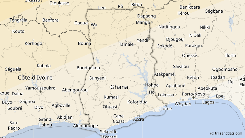 A map of Ghana, showing the path of the 7. Feb 2092 Ringförmige Sonnenfinsternis