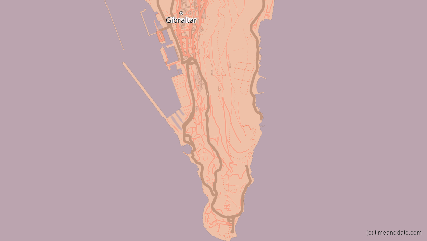 A map of Gibraltar, showing the path of the 7. Feb 2092 Ringförmige Sonnenfinsternis