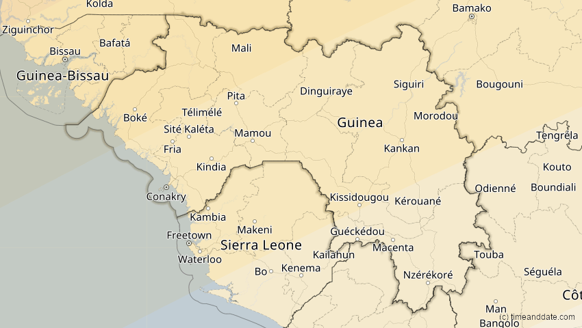 A map of Guinea, showing the path of the 7. Feb 2092 Ringförmige Sonnenfinsternis