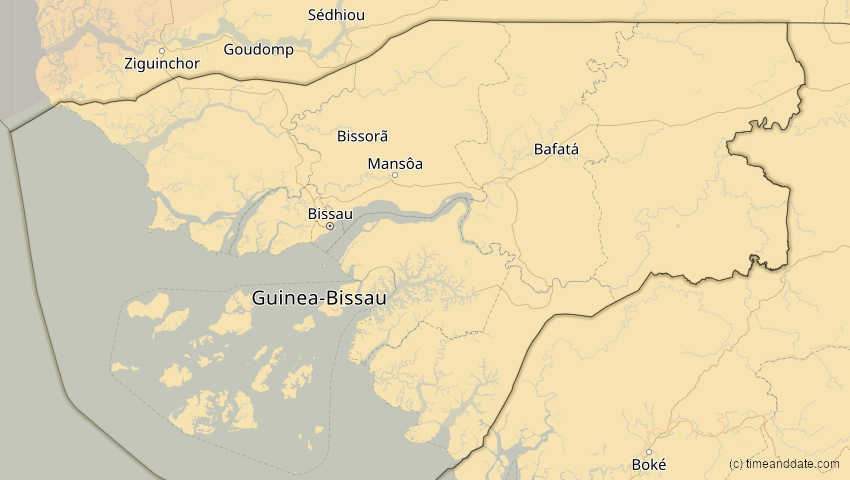 A map of Guinea-Bissau, showing the path of the 7. Feb 2092 Ringförmige Sonnenfinsternis