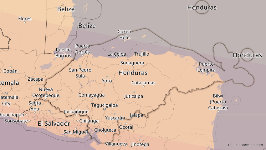 A map of Honduras, showing the path of the 7. Feb 2092 Ringförmige Sonnenfinsternis