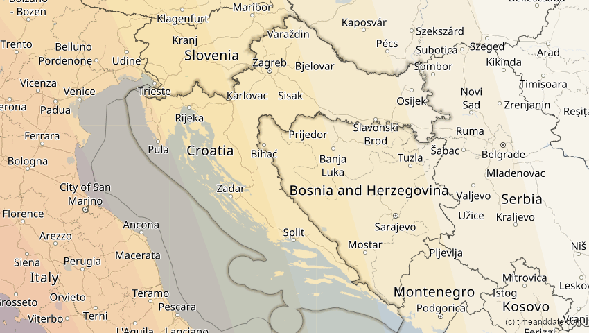 A map of Kroatien, showing the path of the 7. Feb 2092 Ringförmige Sonnenfinsternis