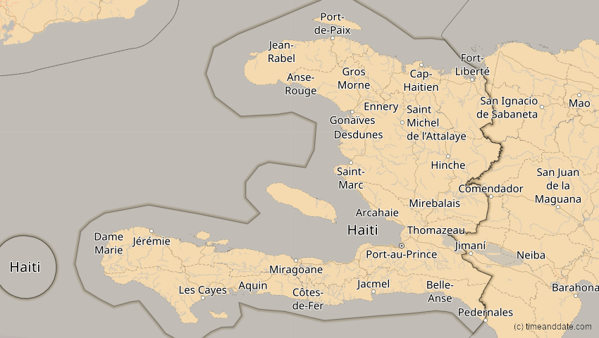 A map of Haiti, showing the path of the 7. Feb 2092 Ringförmige Sonnenfinsternis