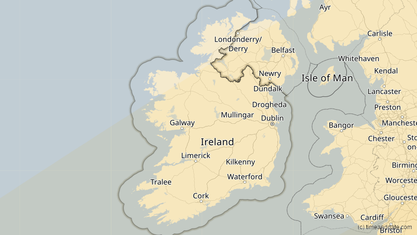 A map of Irland, showing the path of the 7. Feb 2092 Ringförmige Sonnenfinsternis