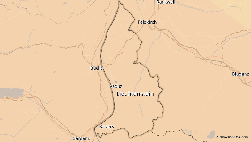 A map of Liechtenstein, showing the path of the 7. Feb 2092 Ringförmige Sonnenfinsternis