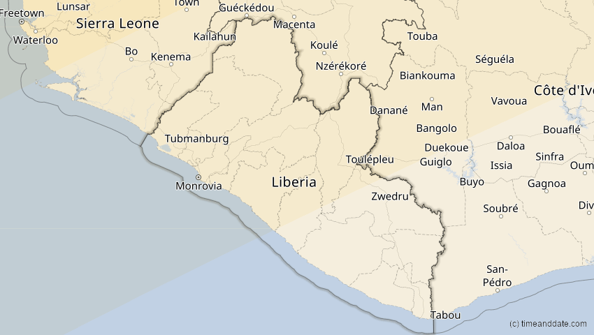 A map of Liberia, showing the path of the 7. Feb 2092 Ringförmige Sonnenfinsternis