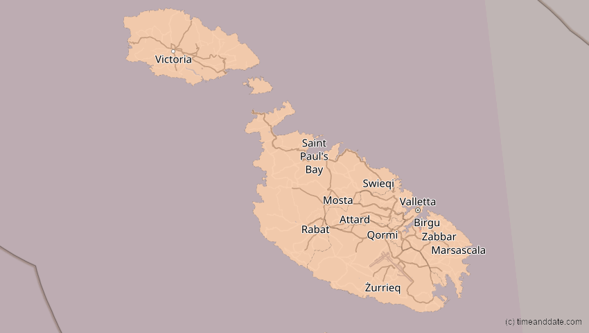 A map of Malta, showing the path of the 7. Feb 2092 Ringförmige Sonnenfinsternis