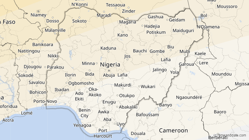 A map of Nigeria, showing the path of the 7. Feb 2092 Ringförmige Sonnenfinsternis