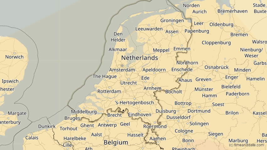 A map of Niederlande, showing the path of the 7. Feb 2092 Ringförmige Sonnenfinsternis