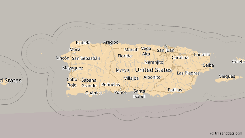 A map of Puerto Rico, showing the path of the 7. Feb 2092 Ringförmige Sonnenfinsternis