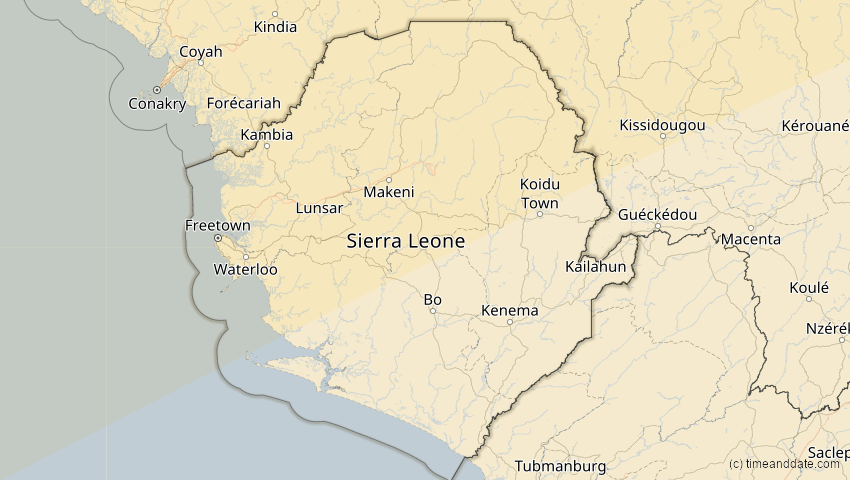 A map of Sierra Leone, showing the path of the 7. Feb 2092 Ringförmige Sonnenfinsternis