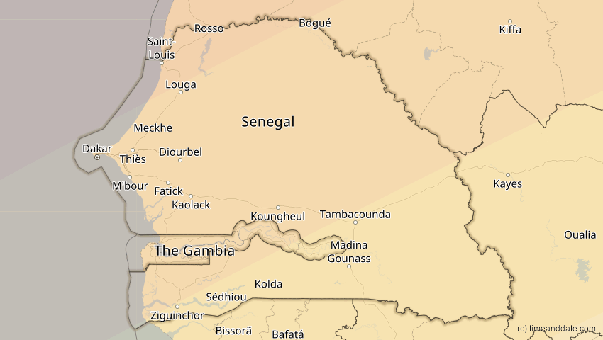 A map of Senegal, showing the path of the 7. Feb 2092 Ringförmige Sonnenfinsternis