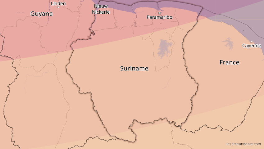 A map of Suriname, showing the path of the 7. Feb 2092 Ringförmige Sonnenfinsternis